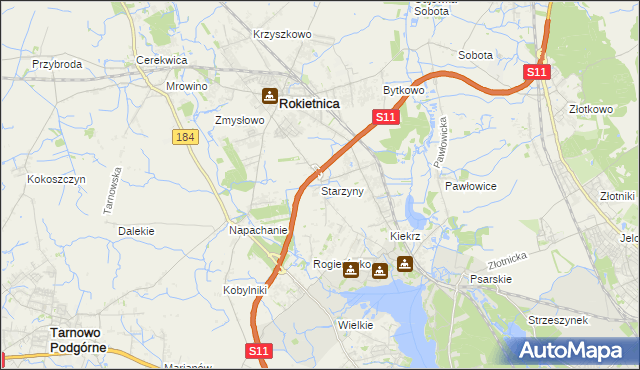 mapa Starzyny gmina Rokietnica, Starzyny gmina Rokietnica na mapie Targeo