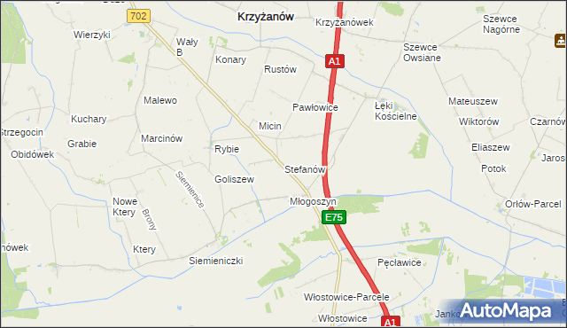 mapa Stefanów gmina Krzyżanów, Stefanów gmina Krzyżanów na mapie Targeo