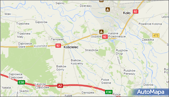 mapa Straszków gmina Kościelec, Straszków gmina Kościelec na mapie Targeo