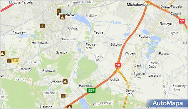 mapa Suchy Las gmina Michałowice, Suchy Las gmina Michałowice na mapie Targeo