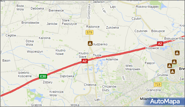 mapa Tłuste gmina Grodzisk Mazowiecki, Tłuste gmina Grodzisk Mazowiecki na mapie Targeo