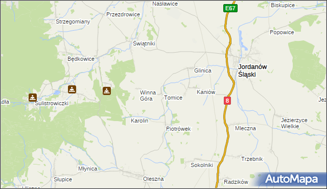 mapa Tomice gmina Jordanów Śląski, Tomice gmina Jordanów Śląski na mapie Targeo