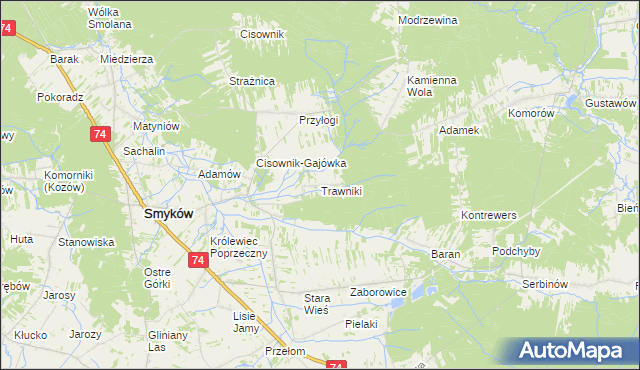 mapa Trawniki gmina Smyków, Trawniki gmina Smyków na mapie Targeo