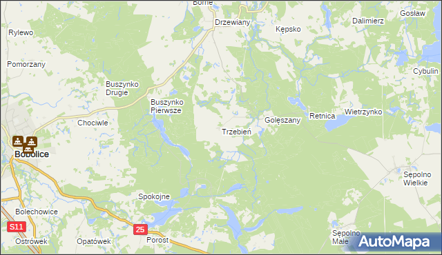 mapa Trzebień gmina Bobolice, Trzebień gmina Bobolice na mapie Targeo