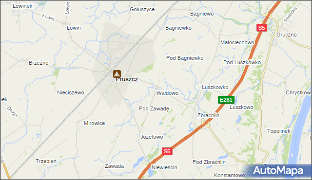 mapa Wałdowo gmina Pruszcz, Wałdowo gmina Pruszcz na mapie Targeo