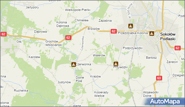 mapa Walerów gmina Sokołów Podlaski, Walerów gmina Sokołów Podlaski na mapie Targeo