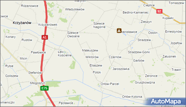 mapa Waliszew gmina Bedlno, Waliszew gmina Bedlno na mapie Targeo