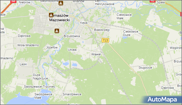 mapa Wąwał gmina Tomaszów Mazowiecki, Wąwał gmina Tomaszów Mazowiecki na mapie Targeo