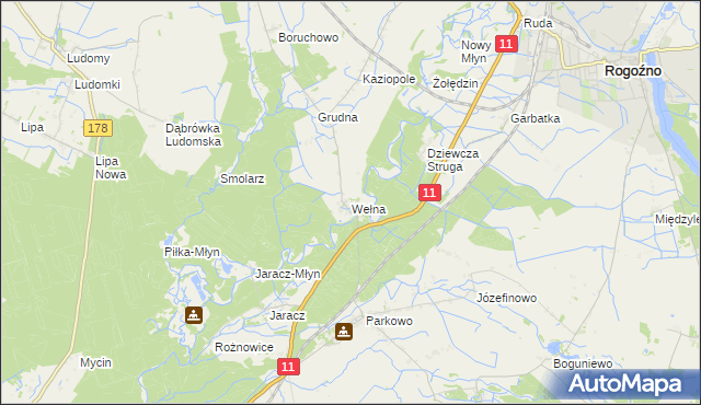 mapa Wełna gmina Rogoźno, Wełna gmina Rogoźno na mapie Targeo