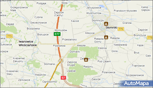 mapa Wesoła gmina Słomniki, Wesoła gmina Słomniki na mapie Targeo