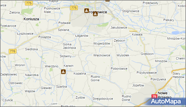 mapa Więckowice gmina Proszowice, Więckowice gmina Proszowice na mapie Targeo