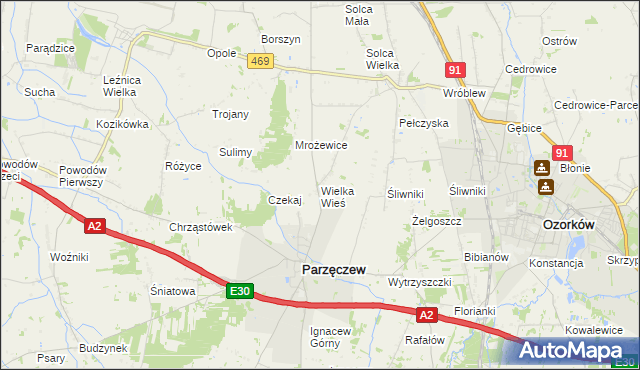 mapa Wielka Wieś gmina Parzęczew, Wielka Wieś gmina Parzęczew na mapie Targeo