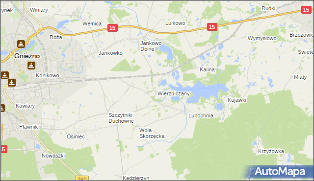 mapa Wierzbiczany gmina Gniezno, Wierzbiczany gmina Gniezno na mapie Targeo