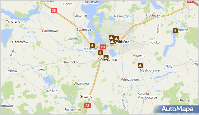 mapa Wierzbnica gmina Myślibórz, Wierzbnica gmina Myślibórz na mapie Targeo