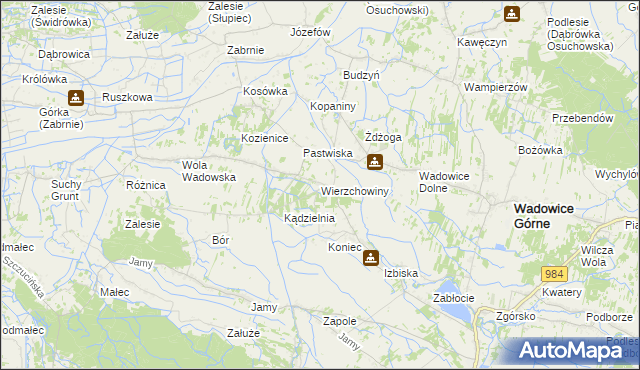 mapa Wierzchowiny gmina Wadowice Górne, Wierzchowiny gmina Wadowice Górne na mapie Targeo