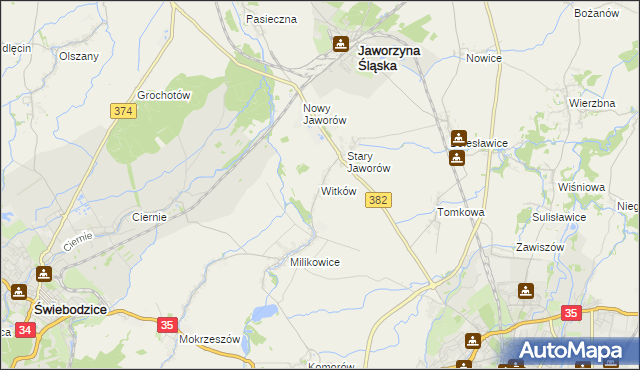mapa Witków gmina Jaworzyna Śląska, Witków gmina Jaworzyna Śląska na mapie Targeo