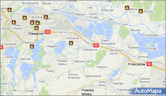 mapa Włosienica gmina Oświęcim, Włosienica gmina Oświęcim na mapie Targeo