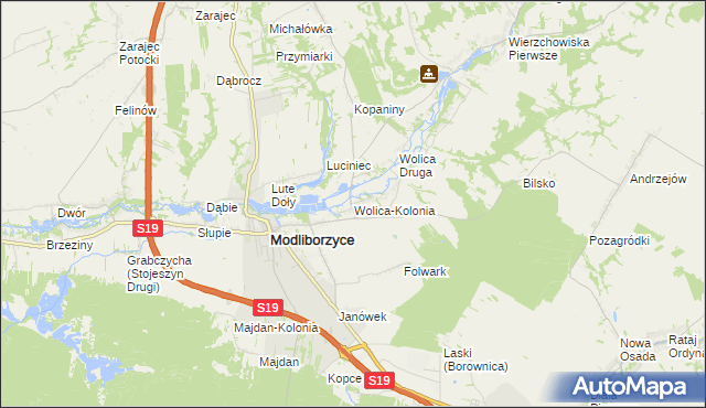 mapa Wolica-Kolonia gmina Modliborzyce, Wolica-Kolonia gmina Modliborzyce na mapie Targeo