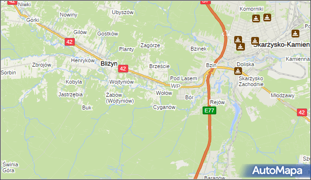 mapa Wołów gmina Bliżyn, Wołów gmina Bliżyn na mapie Targeo