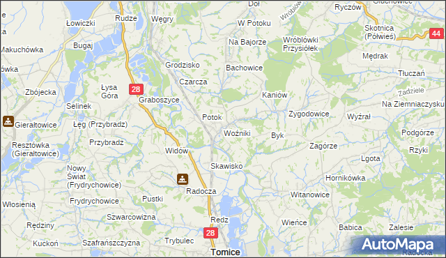 mapa Woźniki gmina Tomice, Woźniki gmina Tomice na mapie Targeo