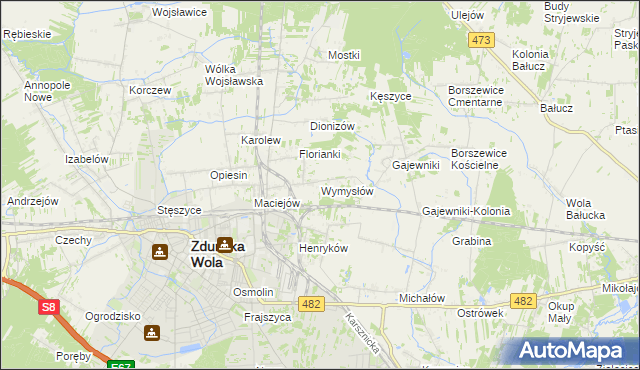 mapa Wymysłów gmina Zduńska Wola, Wymysłów gmina Zduńska Wola na mapie Targeo