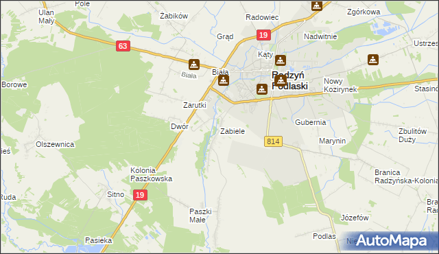 mapa Zabiele gmina Radzyń Podlaski, Zabiele gmina Radzyń Podlaski na mapie Targeo