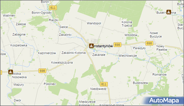 mapa Zakanale gmina Konstantynów, Zakanale gmina Konstantynów na mapie Targeo