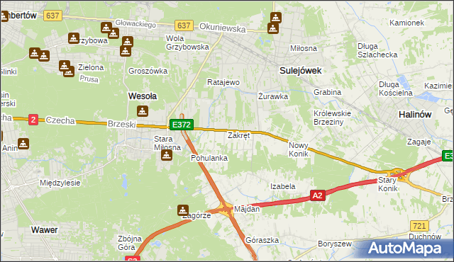 mapa Zakręt gmina Wiązowna, Zakręt gmina Wiązowna na mapie Targeo