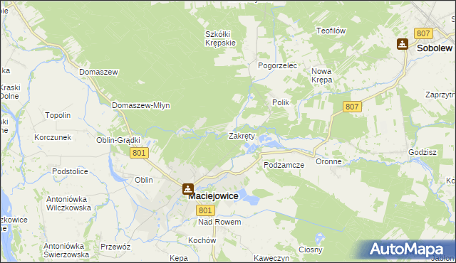 mapa Zakręty gmina Maciejowice, Zakręty gmina Maciejowice na mapie Targeo