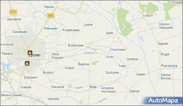 mapa Zarębów gmina Żychlin, Zarębów gmina Żychlin na mapie Targeo