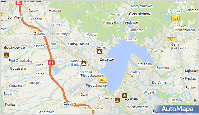 mapa Zarzecze gmina Łodygowice, Zarzecze gmina Łodygowice na mapie Targeo