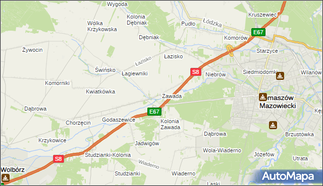 mapa Zawada gmina Tomaszów Mazowiecki, Zawada gmina Tomaszów Mazowiecki na mapie Targeo