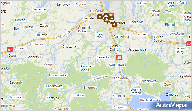 mapa Zawadka gmina Wadowice, Zawadka gmina Wadowice na mapie Targeo