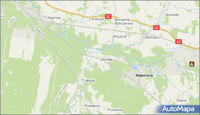 mapa Żelisław gmina Małomice, Żelisław gmina Małomice na mapie Targeo