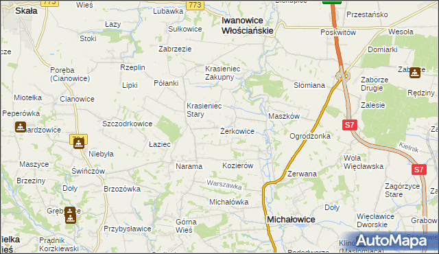 mapa Żerkowice gmina Iwanowice, Żerkowice gmina Iwanowice na mapie Targeo