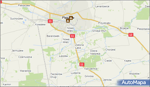 mapa Zielona Łąka gmina Pleszew, Zielona Łąka gmina Pleszew na mapie Targeo