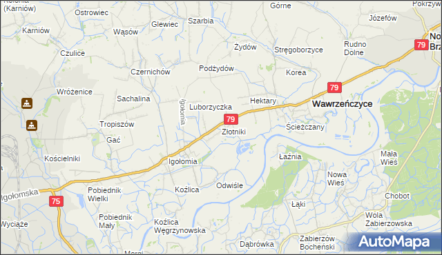 mapa Złotniki gmina Igołomia-Wawrzeńczyce, Złotniki gmina Igołomia-Wawrzeńczyce na mapie Targeo