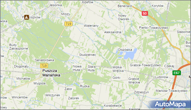 mapa Żuków gmina Puszcza Mariańska, Żuków gmina Puszcza Mariańska na mapie Targeo
