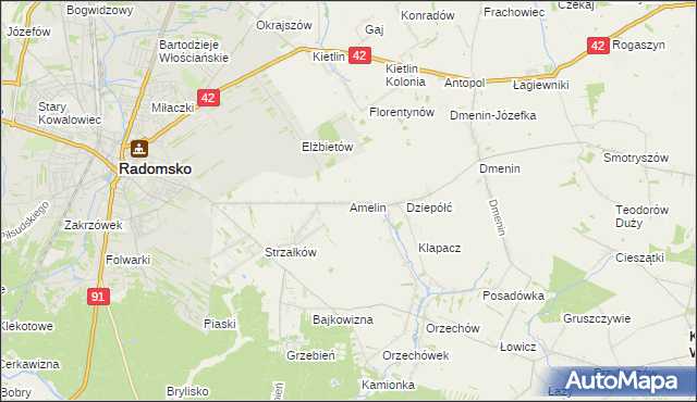 mapa Amelin gmina Radomsko, Amelin gmina Radomsko na mapie Targeo