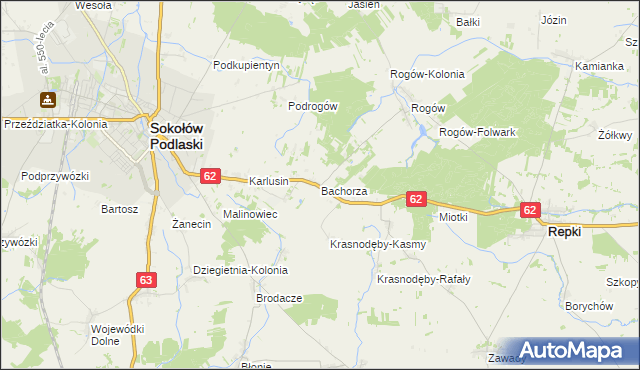 mapa Bachorza gmina Sokołów Podlaski, Bachorza gmina Sokołów Podlaski na mapie Targeo