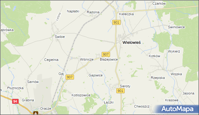 mapa Błażejowice gmina Wielowieś, Błażejowice gmina Wielowieś na mapie Targeo