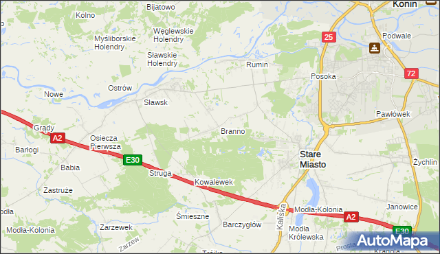 mapa Branno gmina Rzgów, Branno gmina Rzgów na mapie Targeo