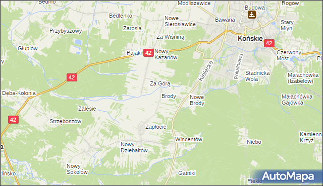 mapa Brody gmina Końskie, Brody gmina Końskie na mapie Targeo