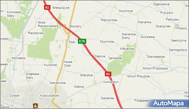 mapa Dębina gmina Strzelce, Dębina gmina Strzelce na mapie Targeo