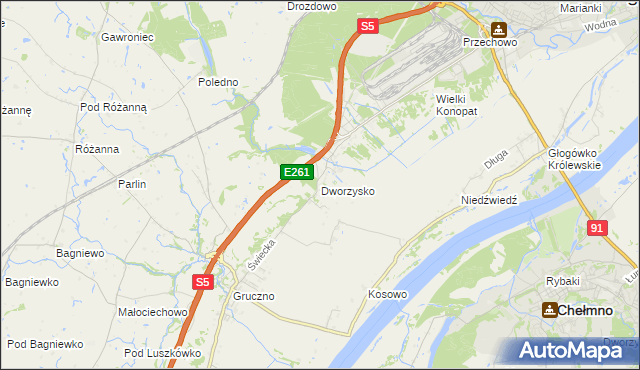 mapa Dworzysko gmina Świecie, Dworzysko gmina Świecie na mapie Targeo