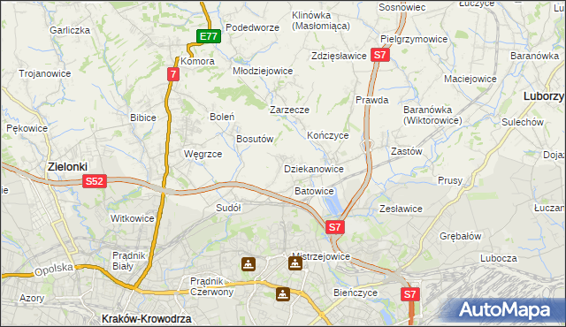 mapa Dziekanowice gmina Zielonki, Dziekanowice gmina Zielonki na mapie Targeo