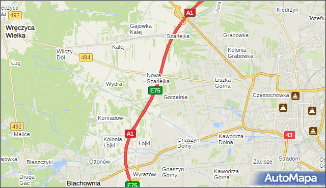 mapa Gorzelnia gmina Blachownia, Gorzelnia gmina Blachownia na mapie Targeo