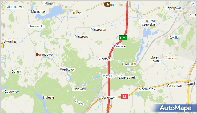 mapa Goszyn gmina Tczew, Goszyn gmina Tczew na mapie Targeo