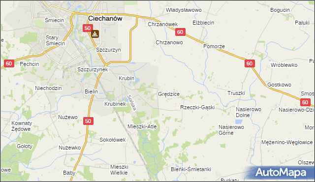 mapa Grędzice gmina Ciechanów, Grędzice gmina Ciechanów na mapie Targeo