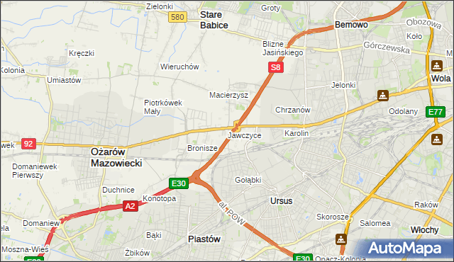 mapa Jawczyce gmina Ożarów Mazowiecki, Jawczyce gmina Ożarów Mazowiecki na mapie Targeo